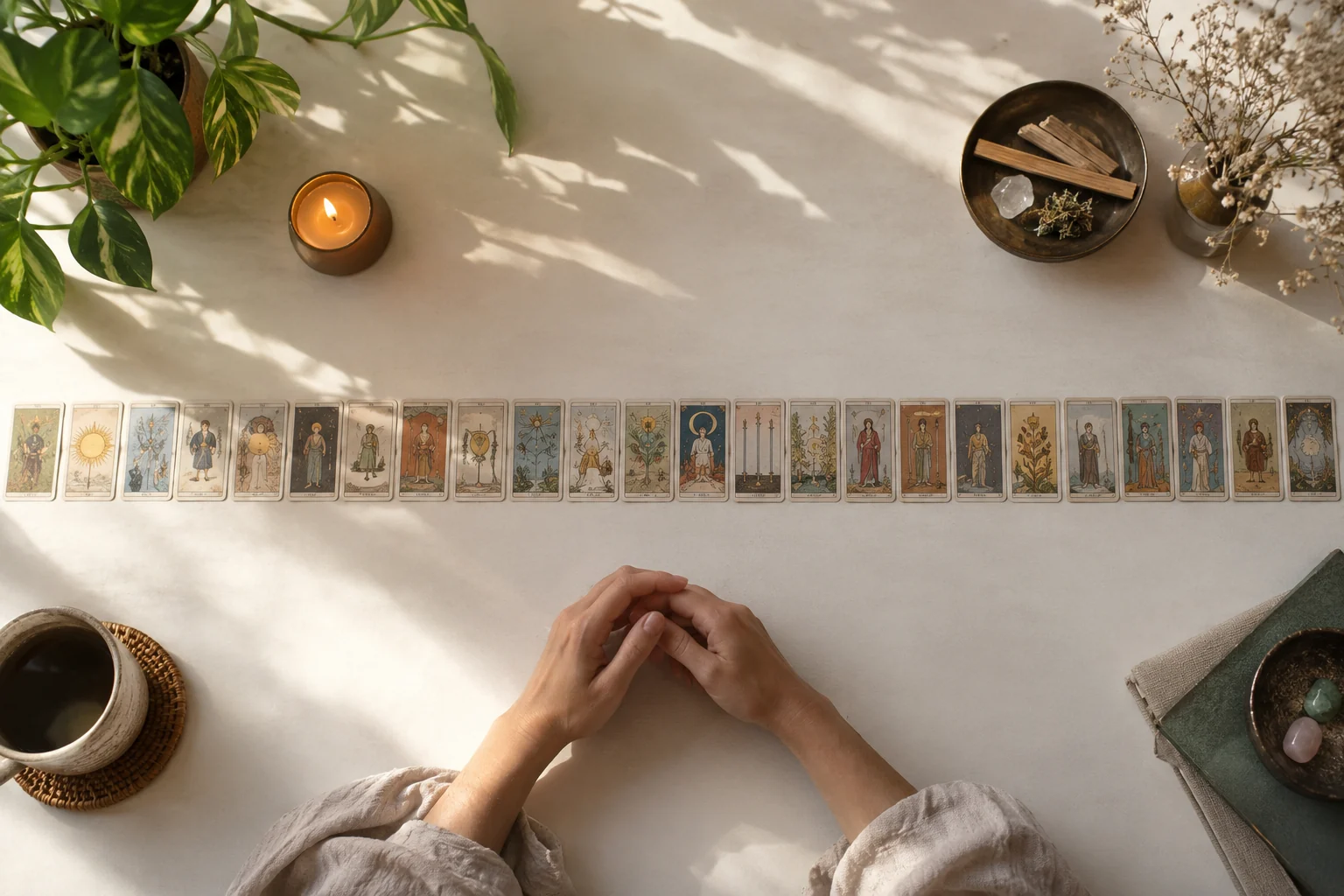 Veintidós cartas de arcanos mayores dispuestas en fila sobre una mesa clara