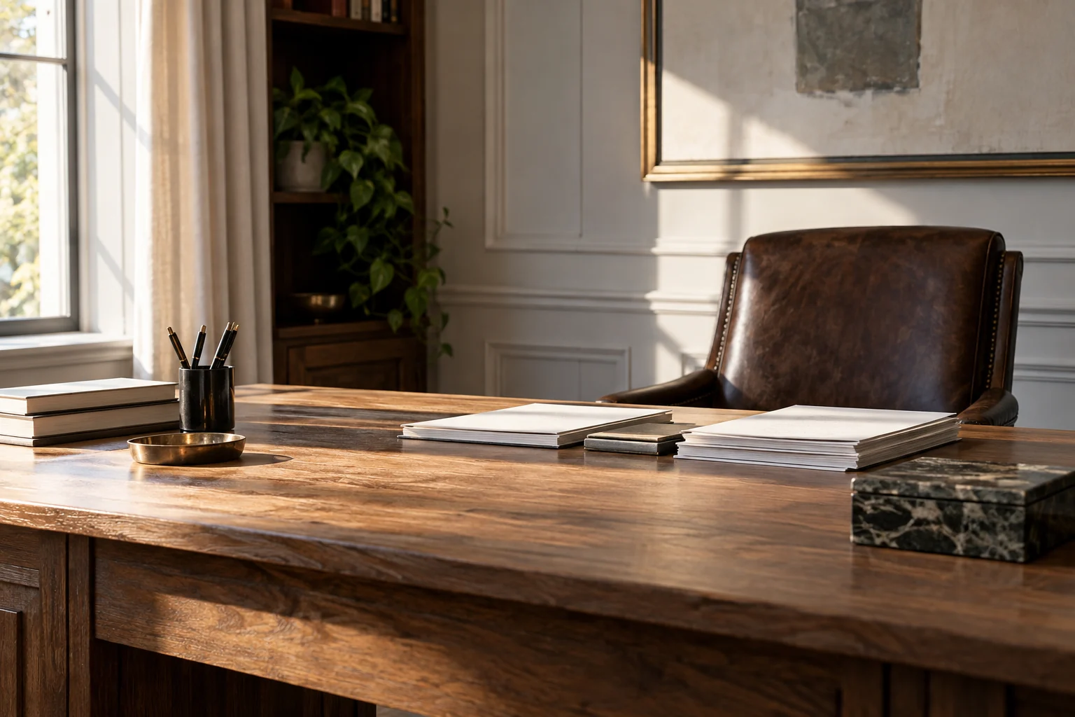 Escritorio de madera maciza con documentos ordenados y luz lateral firme