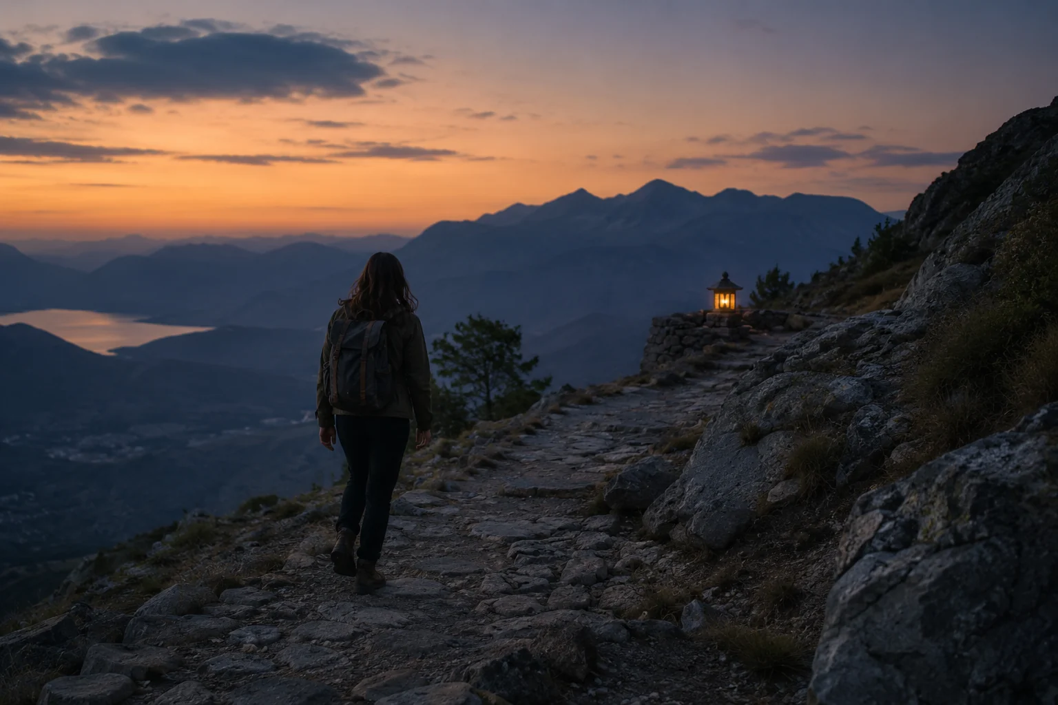 Sendero de montaña al anochecer con una única luz encendida a lo lejos