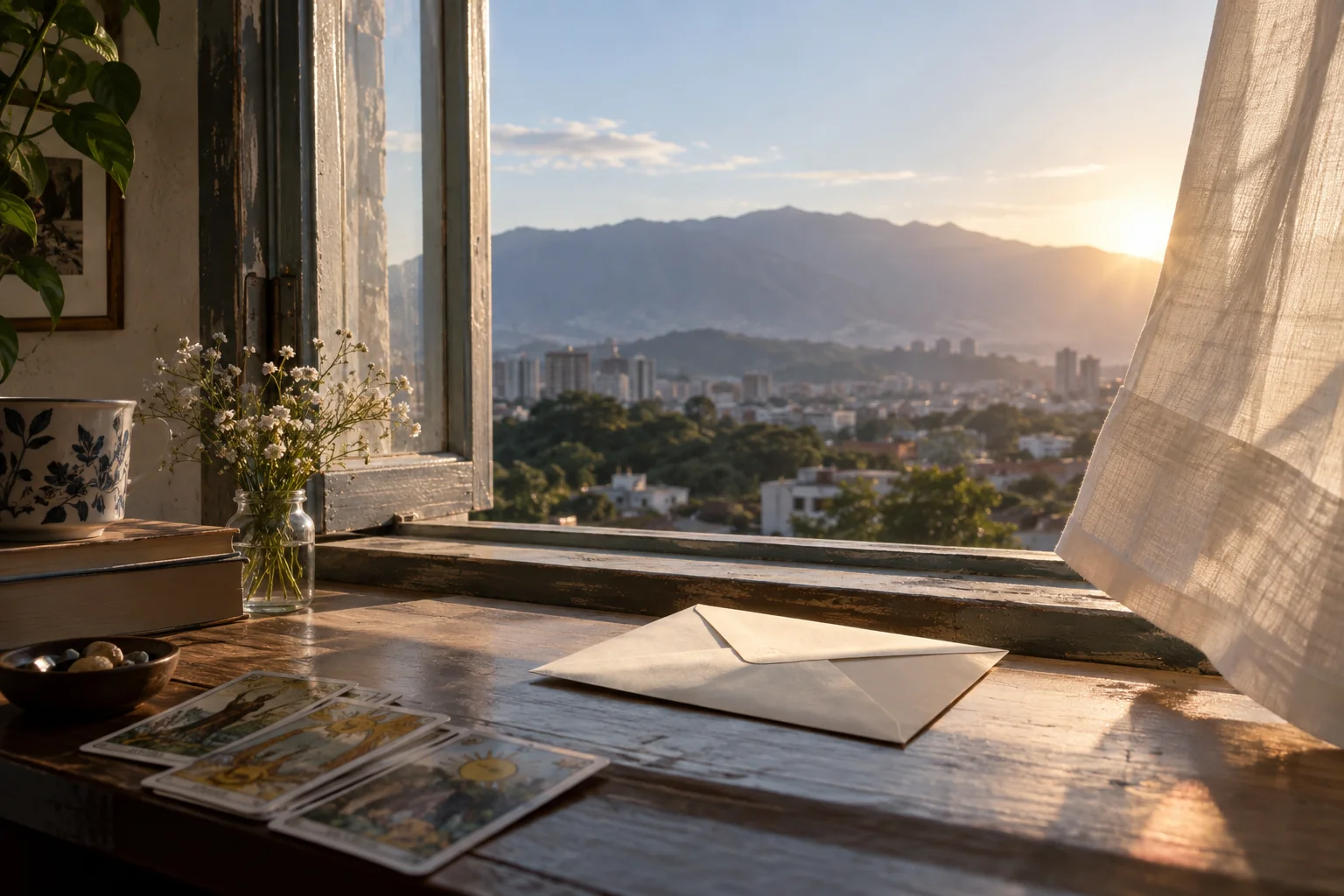 Ventana abierta al amanecer con una carta sin abrir sobre el alféizar