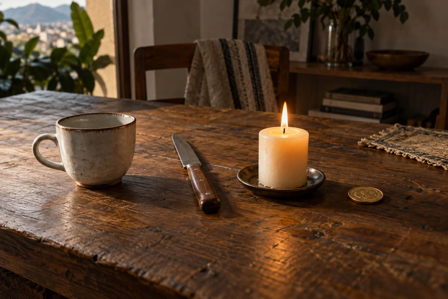 Mesa de trabajo con herramientas ordenadas bajo una luz cálida y directa