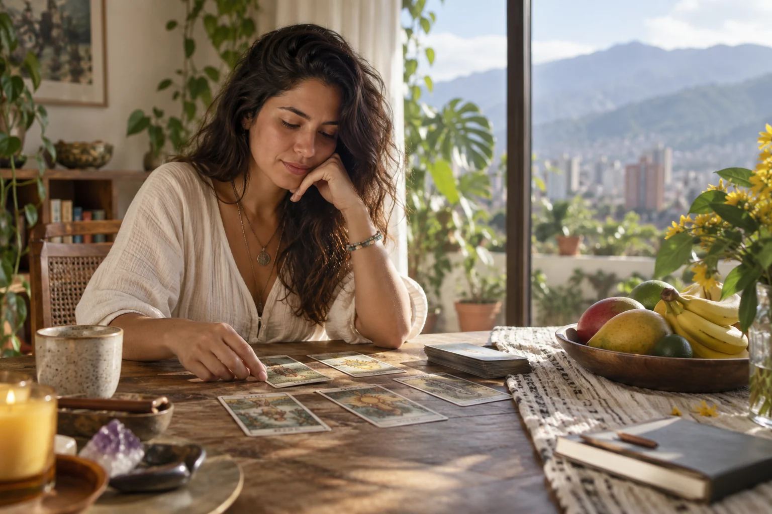 Interior luminoso con plantas abundantes y una mesa servida junto a la ventana