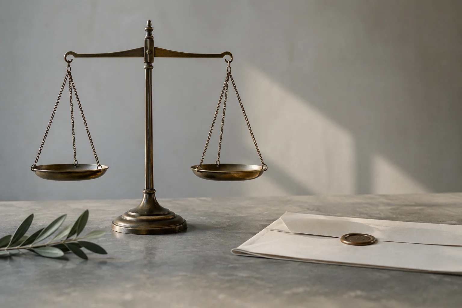 Balanza de metal en equilibrio sobre una superficie despejada con luz neutra