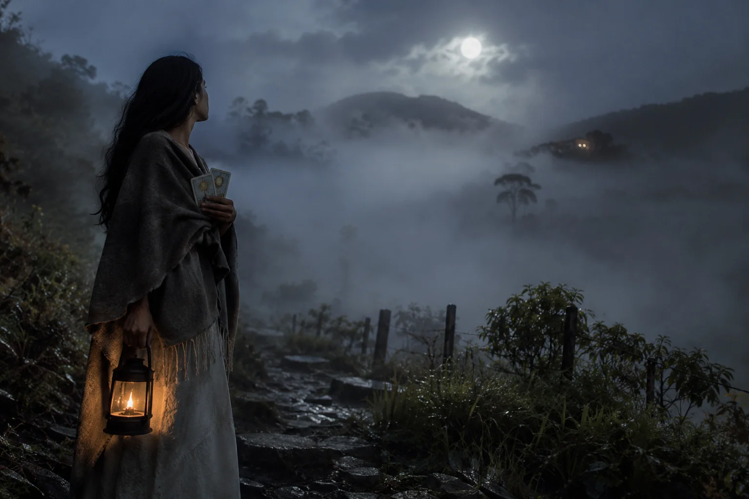 Paisaje nocturno con niebla baja y contornos difusos bajo luz de luna
