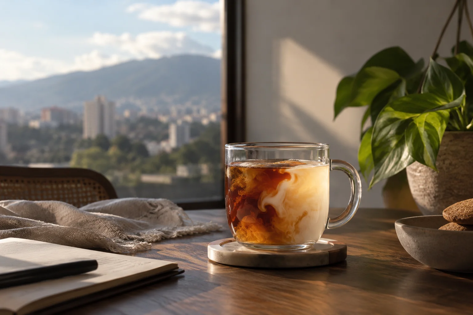 Dos líquidos mezclándose despacio en un recipiente de vidrio con luz suave