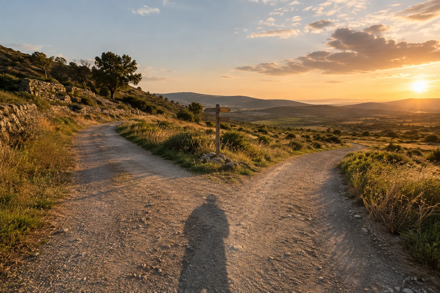 Cruce de dos caminos en un paisaje abierto con luz de media tarde