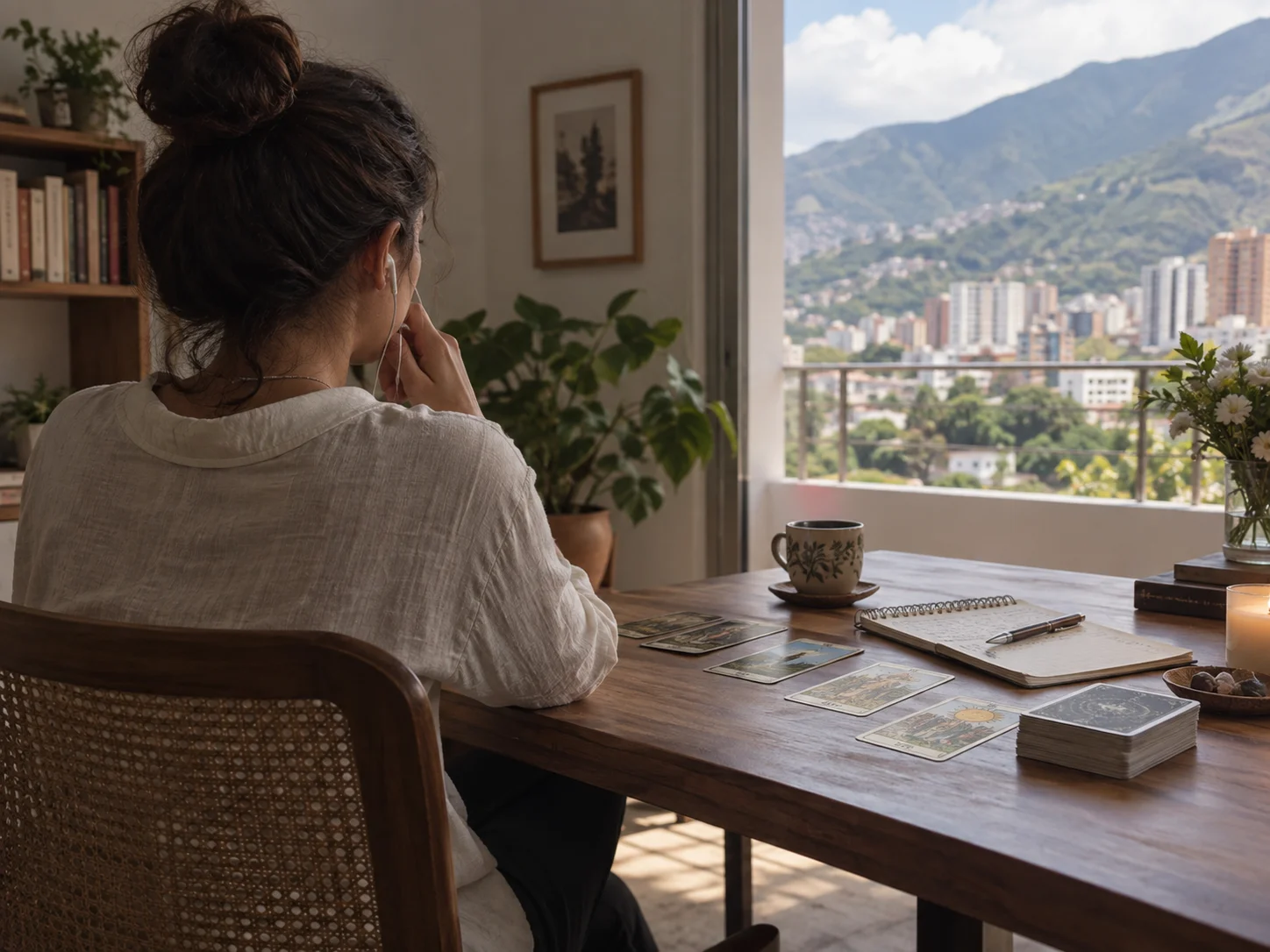 Escena editorial de una consulta de tarot por voz desde casa