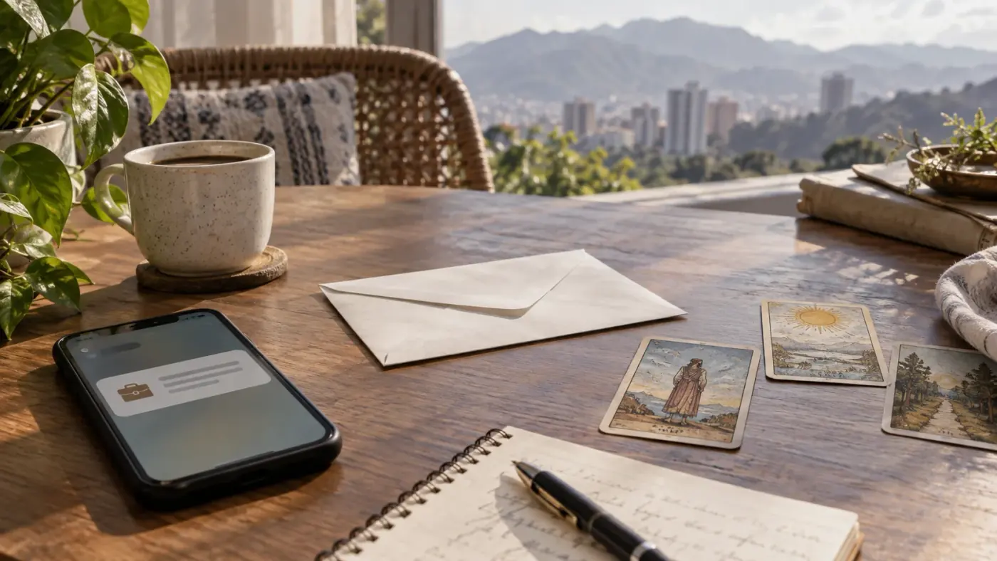 Sobre abierto con una propuesta sobre una mesa y cartas de tarot cerca