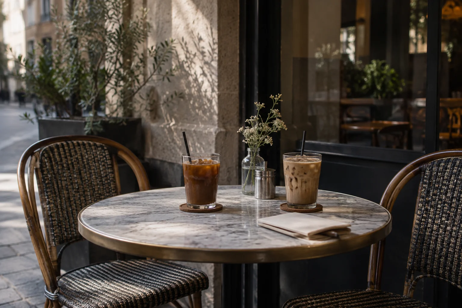Dos tazas frías sobre la mesa de una cafetería con las sillas vacías