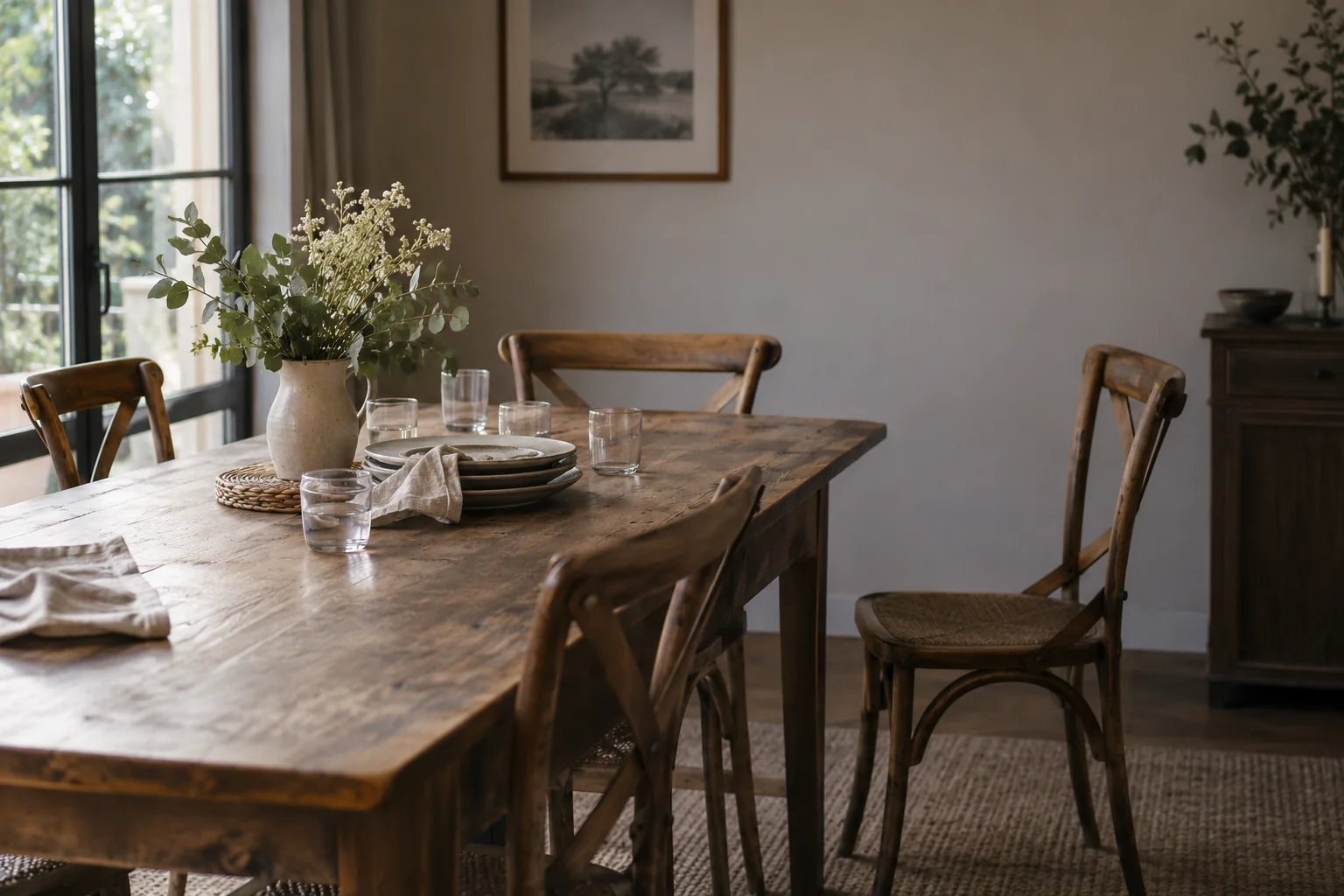 Mesa familiar recogida después de una comida con una silla apartada