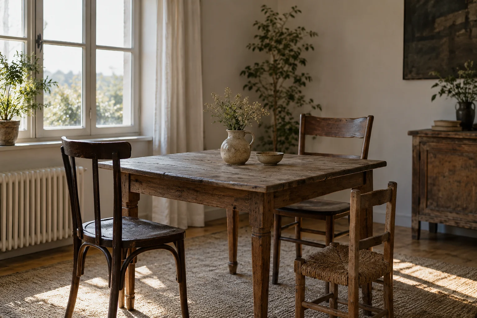 Tres sillas desiguales alrededor de una mesa vacía junto a una ventana