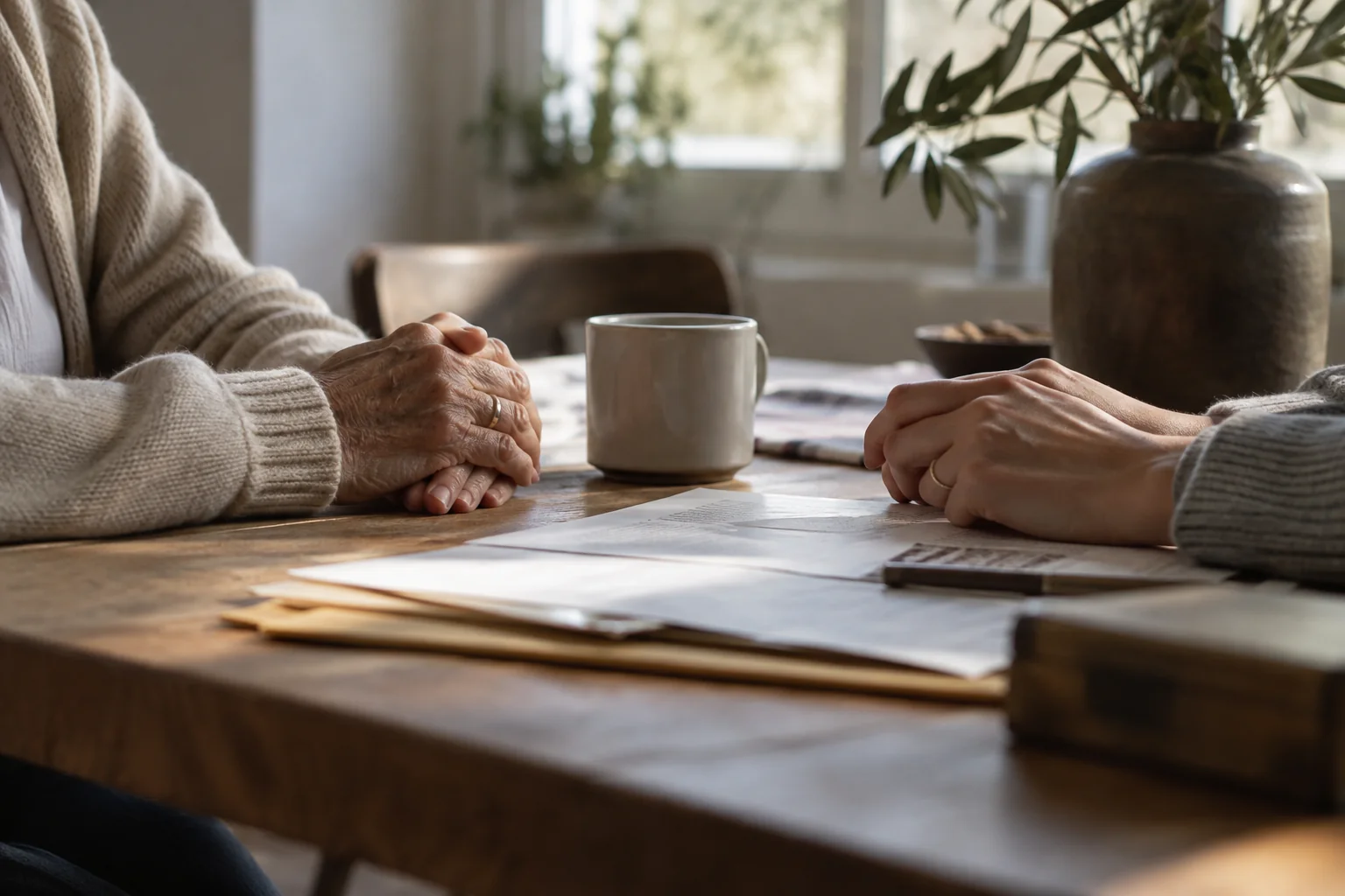 Manos de dos generaciones sobre una mesa con papeles y una taza al lado