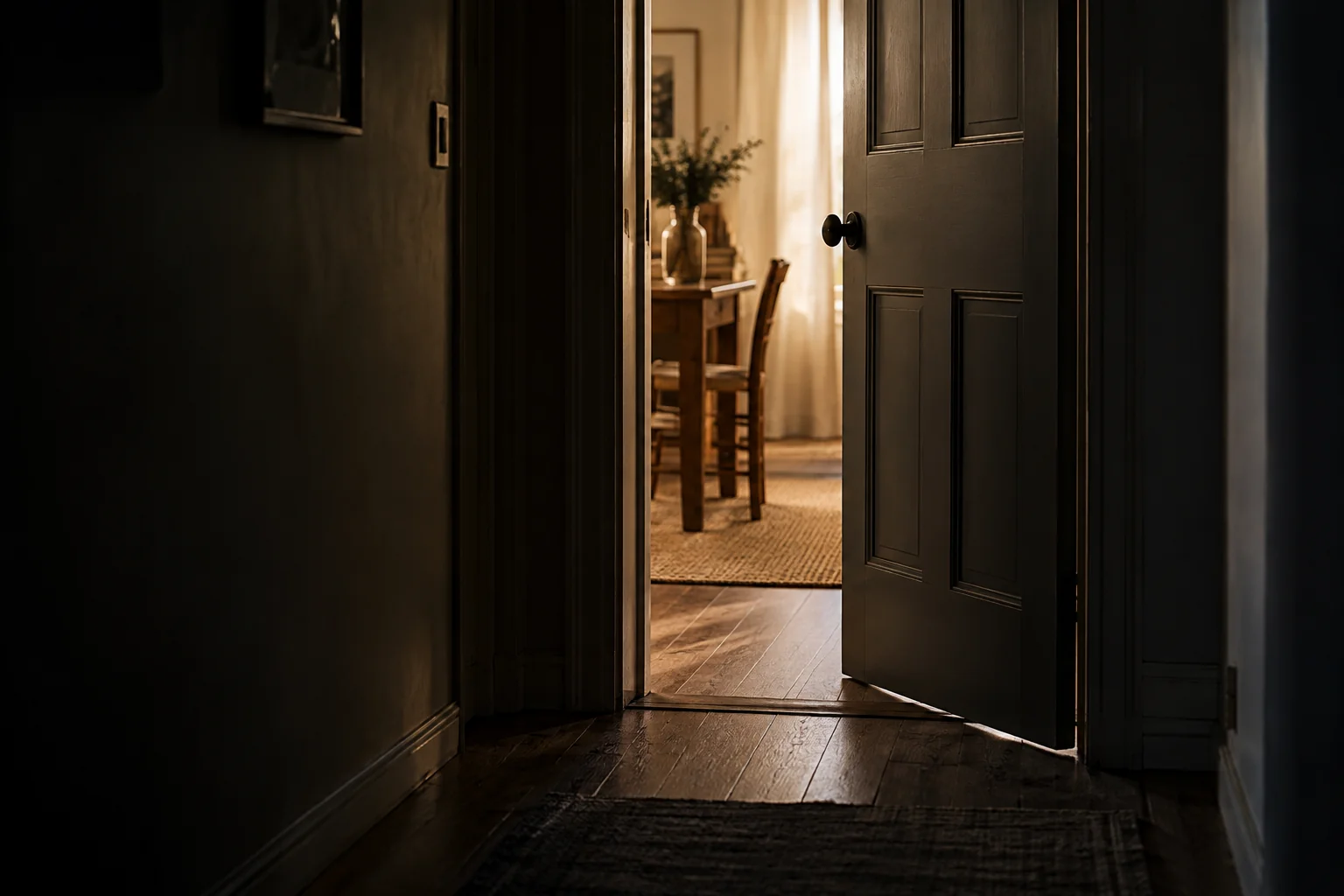 Puerta entreabierta de una casa con luz dentro y un pasillo en sombra