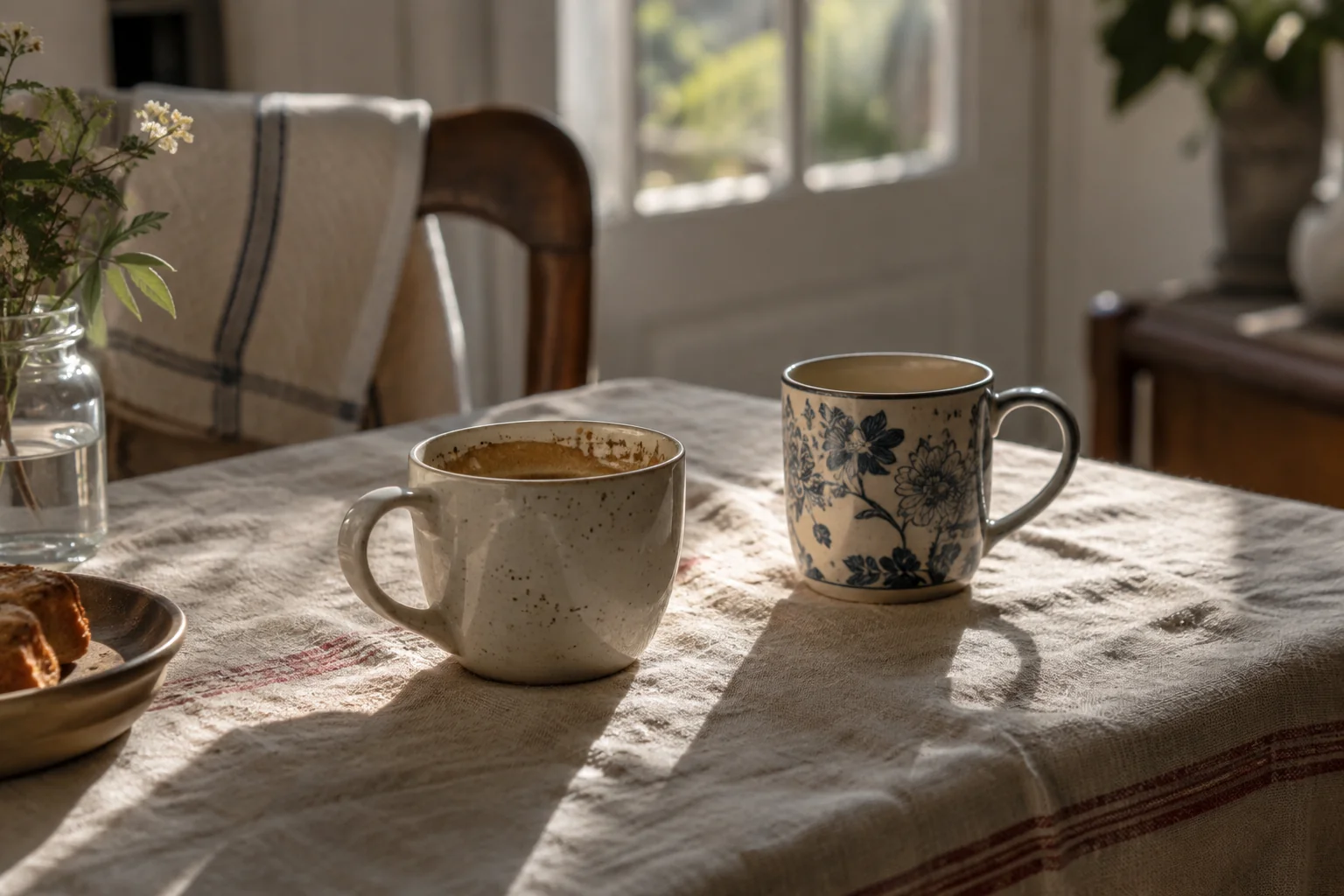 Dos tazas desiguales sobre un mantel de cocina con luz de mañana