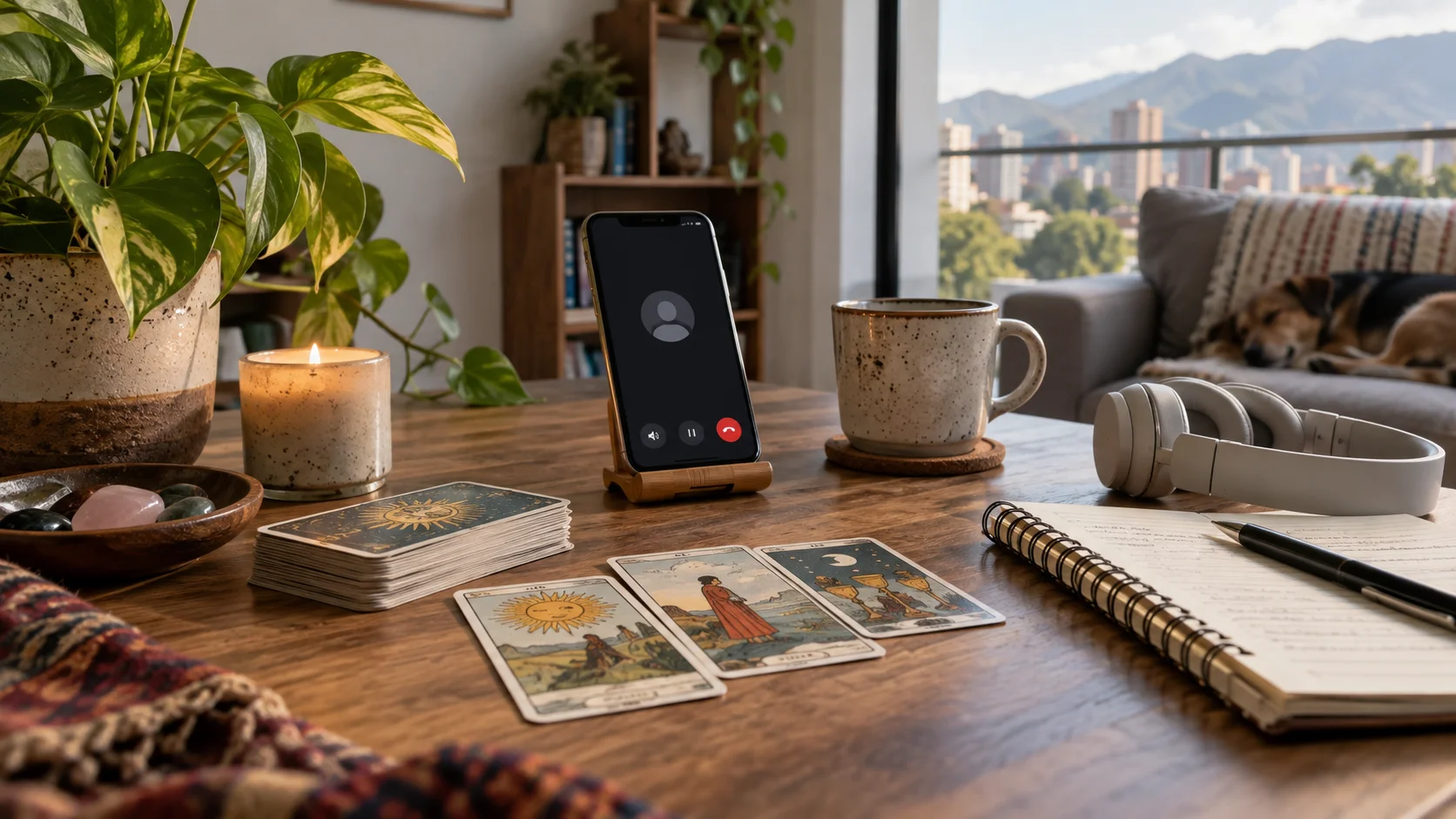 Teléfono con WhatsApp abierto junto a cartas de tarot y libreta
