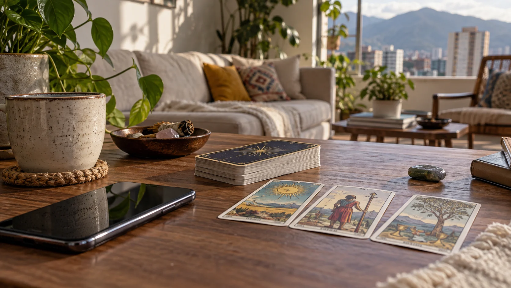 Teléfono en altavoz junto a cartas de tarot en una mesa doméstica
