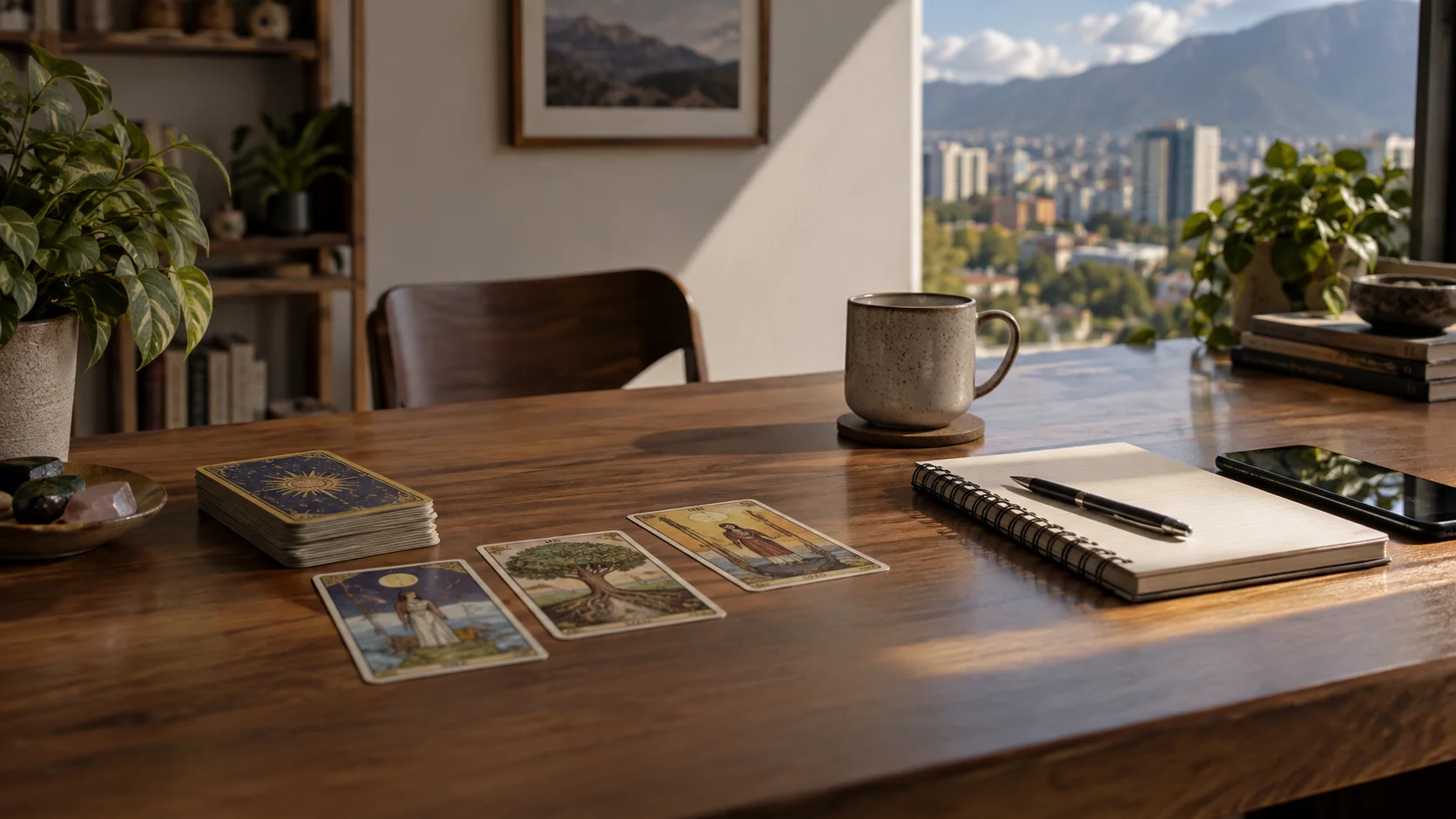 Espacio sereno con cuaderno, teléfono y cartas de tarot sin estética clínica