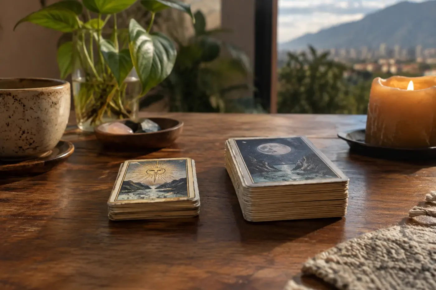 Arcanos mayores y menores extendidos sobre una mesa de lectura