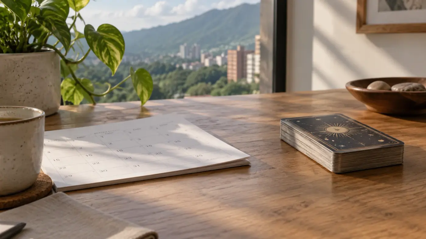 Calendario y cartas de tarot sobre una mesa con luz natural