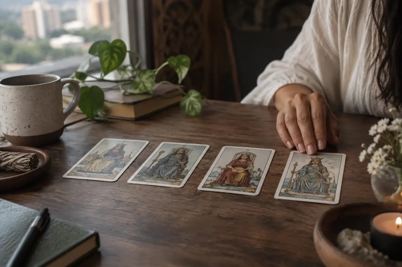 Figuras de la corte del tarot sobre una mesa junto a un cuaderno