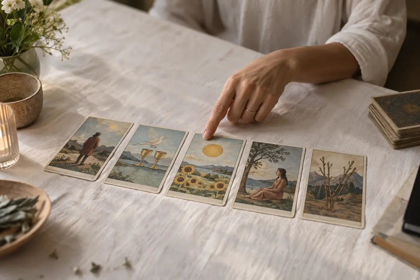 Varias cartas de tarot conectadas visualmente sobre una mesa de lectura