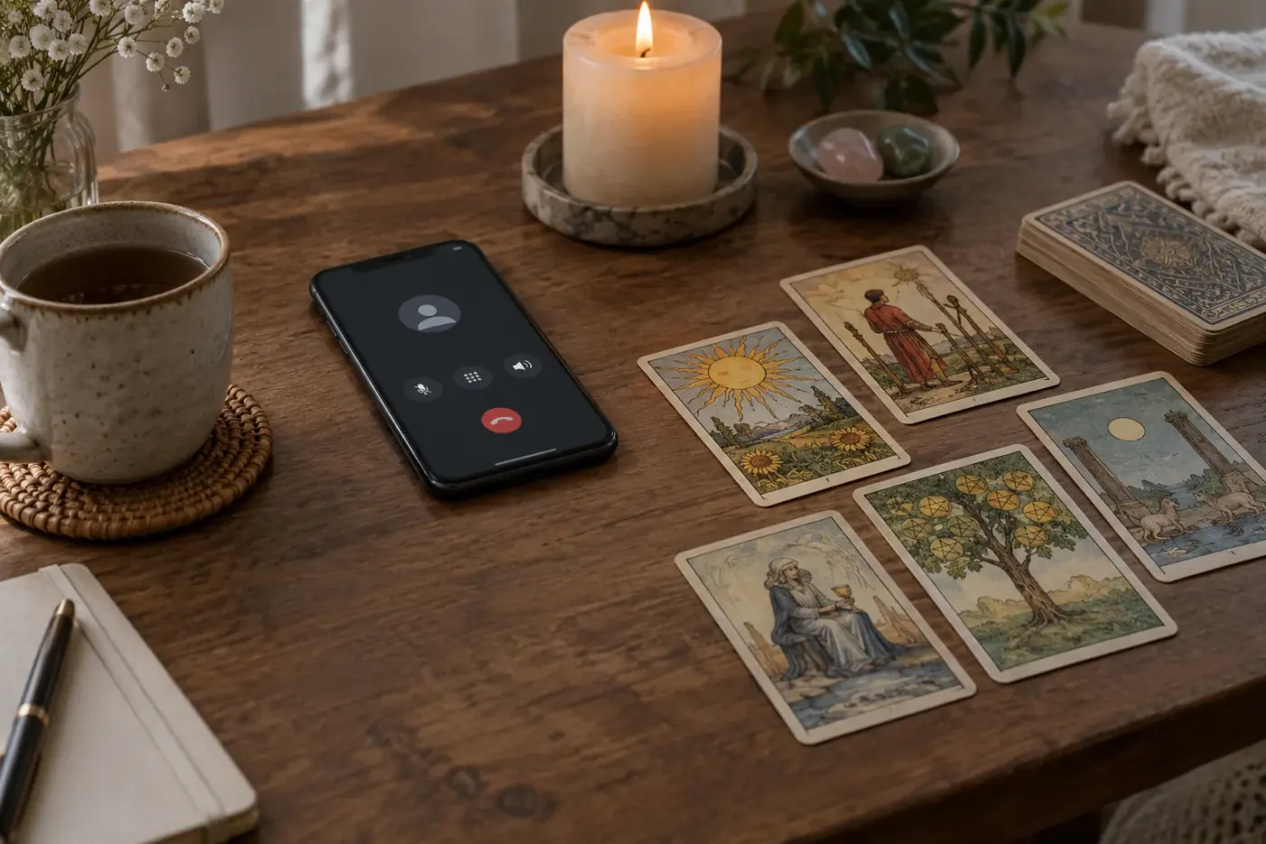 Teléfono y cartas de tarot preparados para una consulta por voz