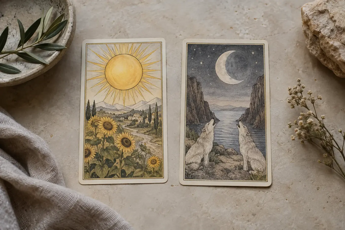 Cartas de tarot contrastantes colocadas juntas sobre una mesa