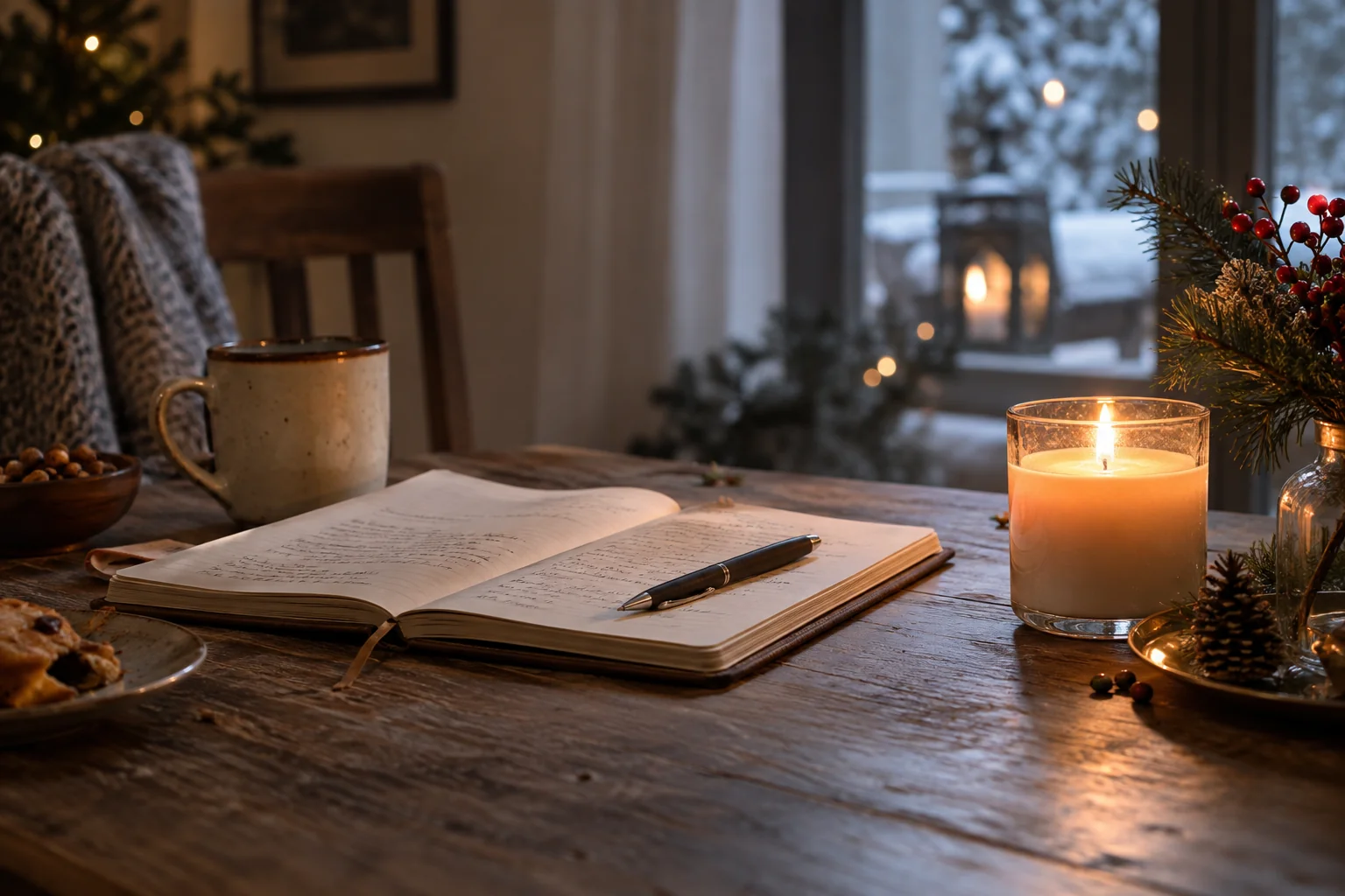Cuaderno con anotaciones del año y una vela encendida sobre una mesa de diciembre