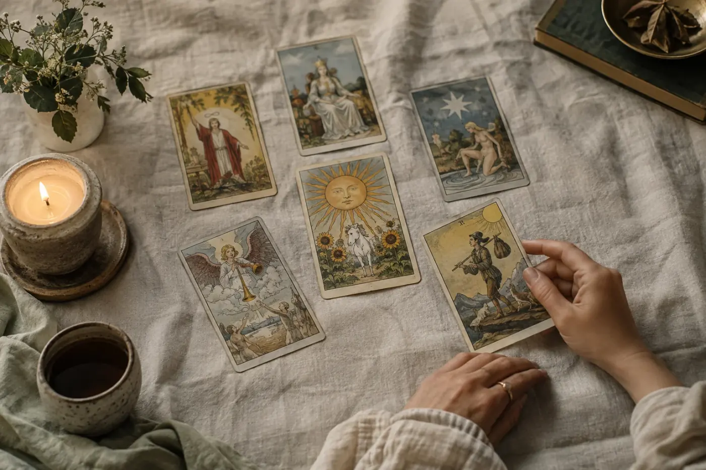 Varios arcanos mayores extendidos en una tirada de tarot