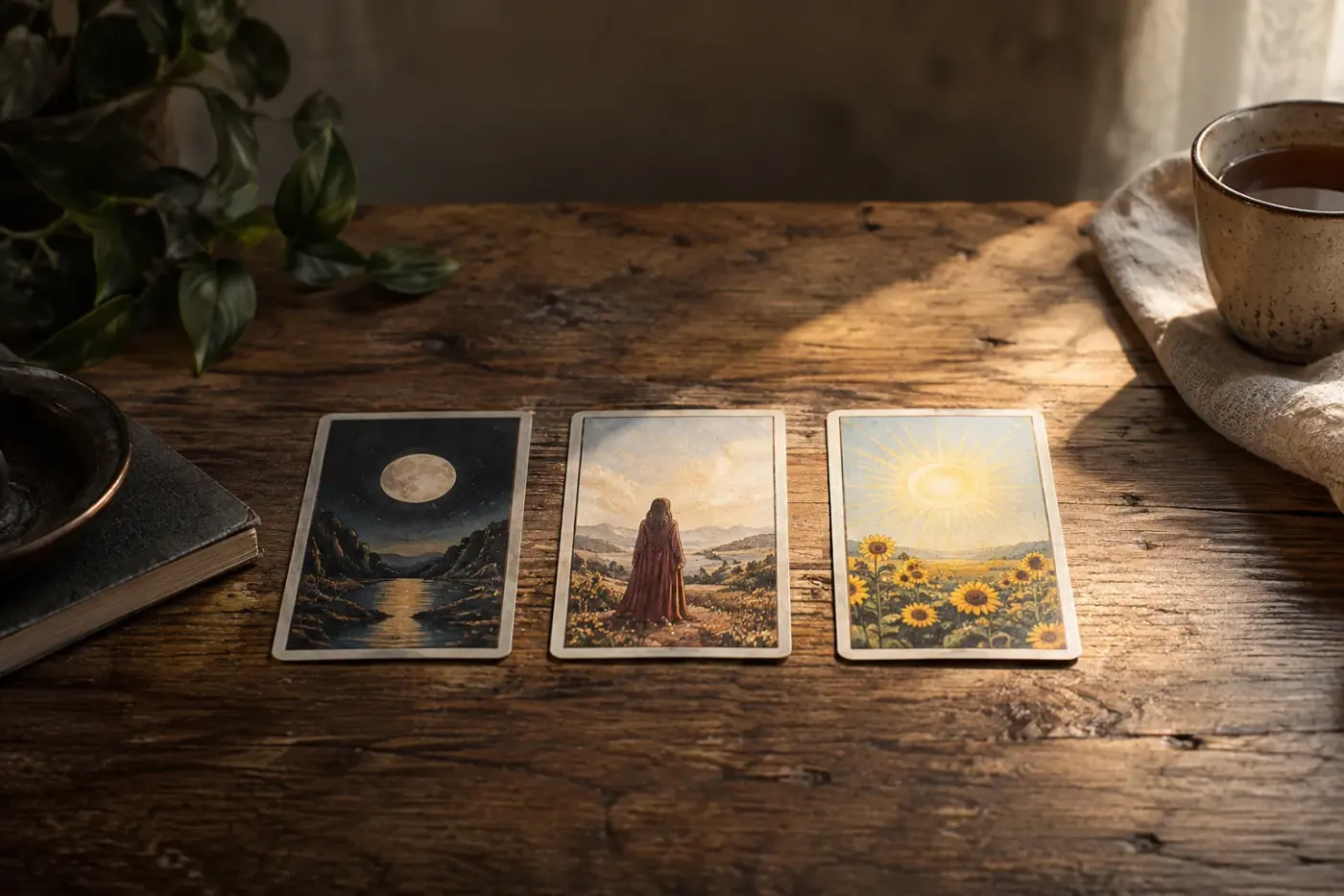 Tres cartas de tarot en secuencia para representar pasado, presente y futuro