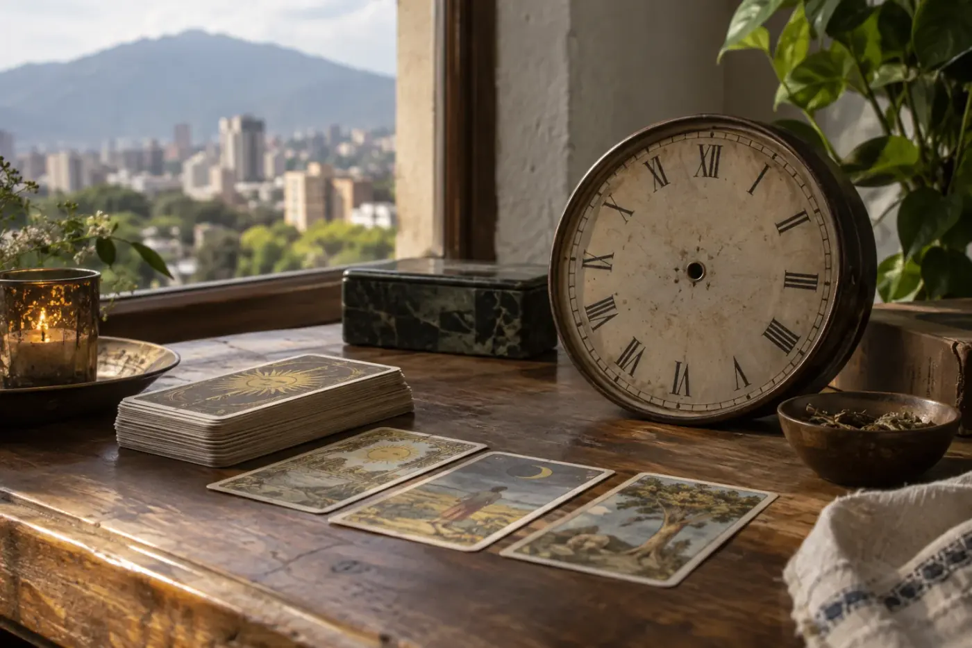 Cartas de tarot junto a un reloj y una libreta para hablar de tiempos y plazos