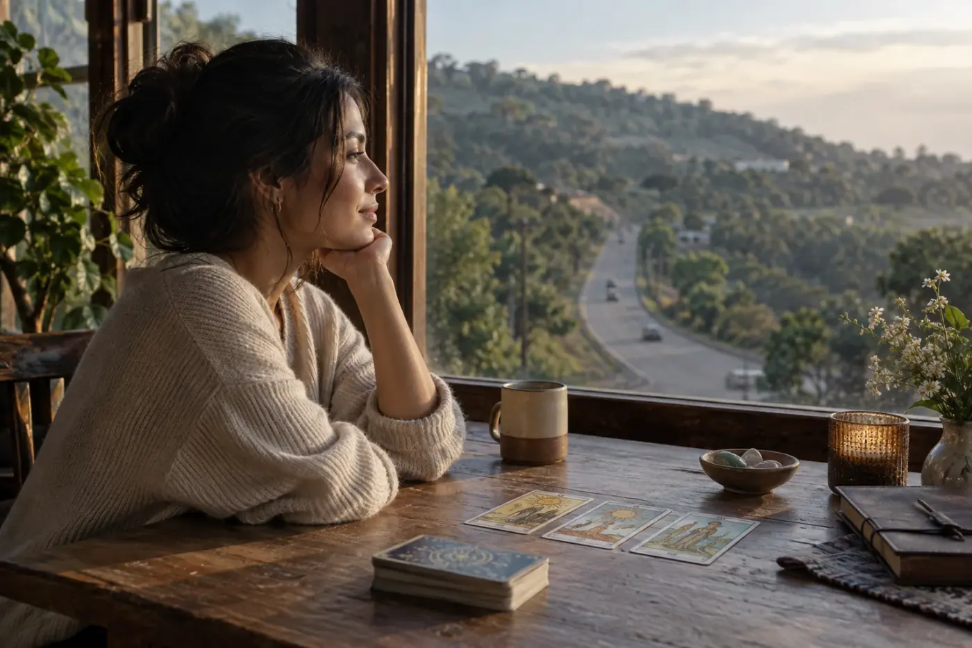 Cartas de tarot sobre una mesa junto a una libreta abierta para explorar posibilidades de futuro
