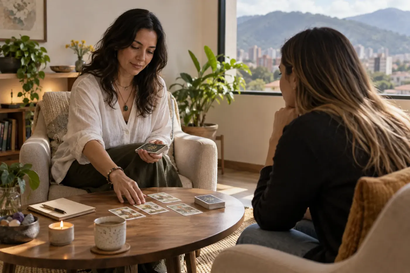 Baraja de tarot sobre una mesa junto a un cuaderno de reflexión