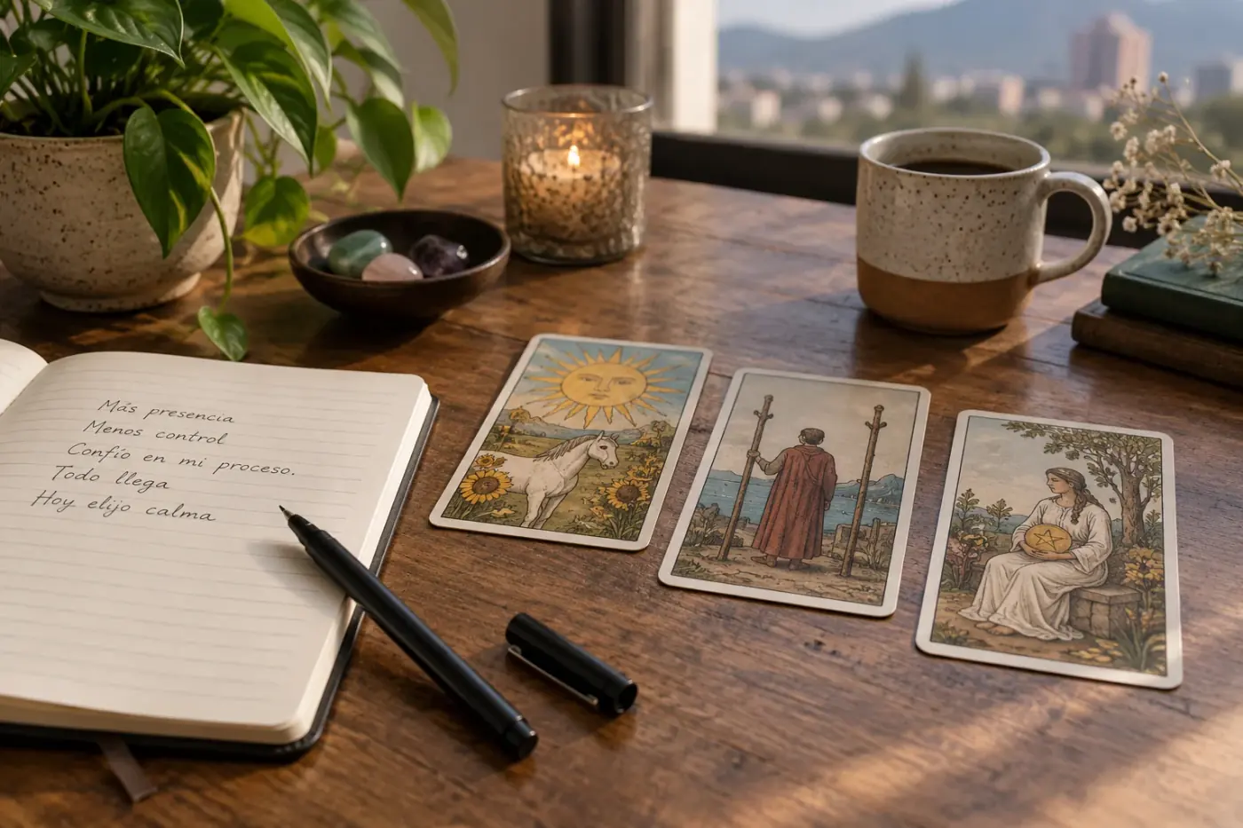 Un cuaderno abierto junto a cartas de tarot para anotar reflexiones de una consulta