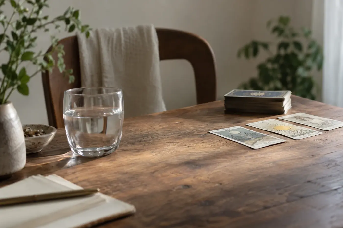 Cartas de tarot recogidas junto a una libreta y una taza en un ambiente tranquilo