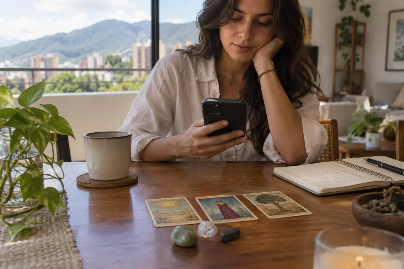 Libreta, teléfono y cartas de tarot preparados antes de una consulta online