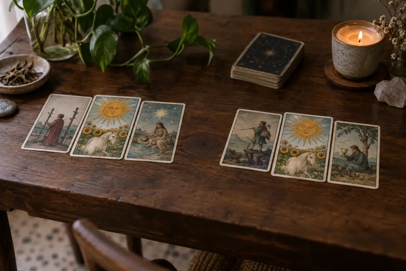 Varias cartas de tarot sobre una mesa con una carta destacada que vuelve a aparecer