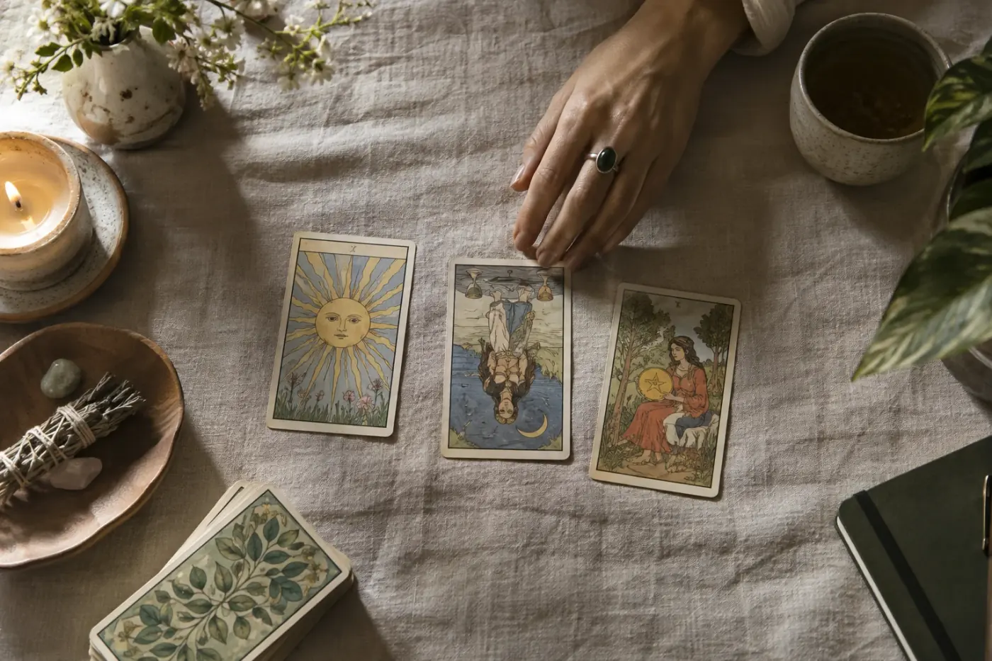 Carta de tarot invertida junto a otras cartas en una mesa de lectura