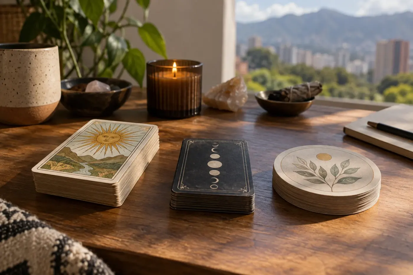 Baraja de tarot junto a elementos de escritura para comparar herramientas simbólicas