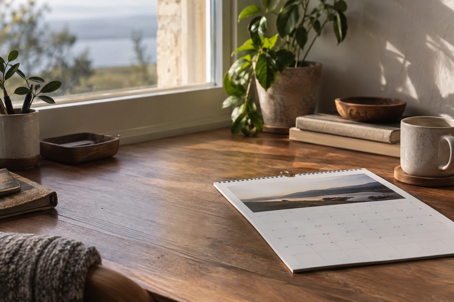 Calendario del año siguiente sin estrenar sobre una mesa junto a una ventana