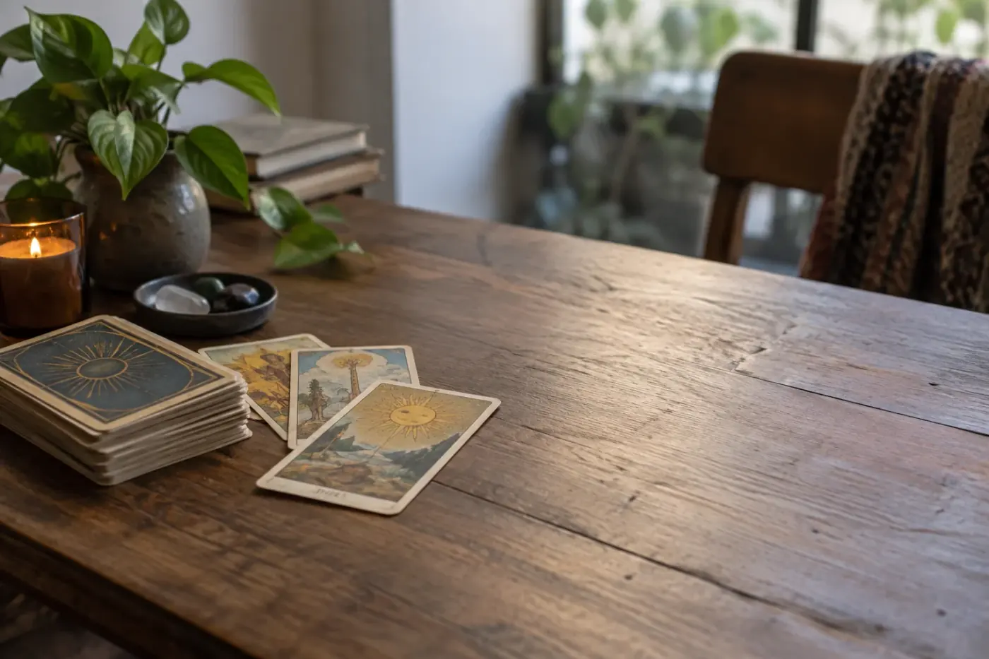 Cartas de tarot junto a una libreta con preguntas para elegir una consulta
