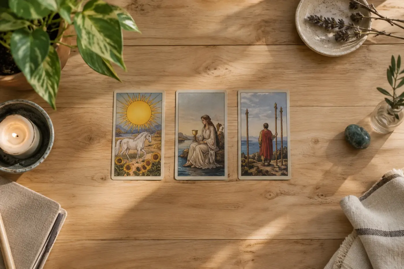Tres cartas de tarot alineadas sobre una mesa con una libreta