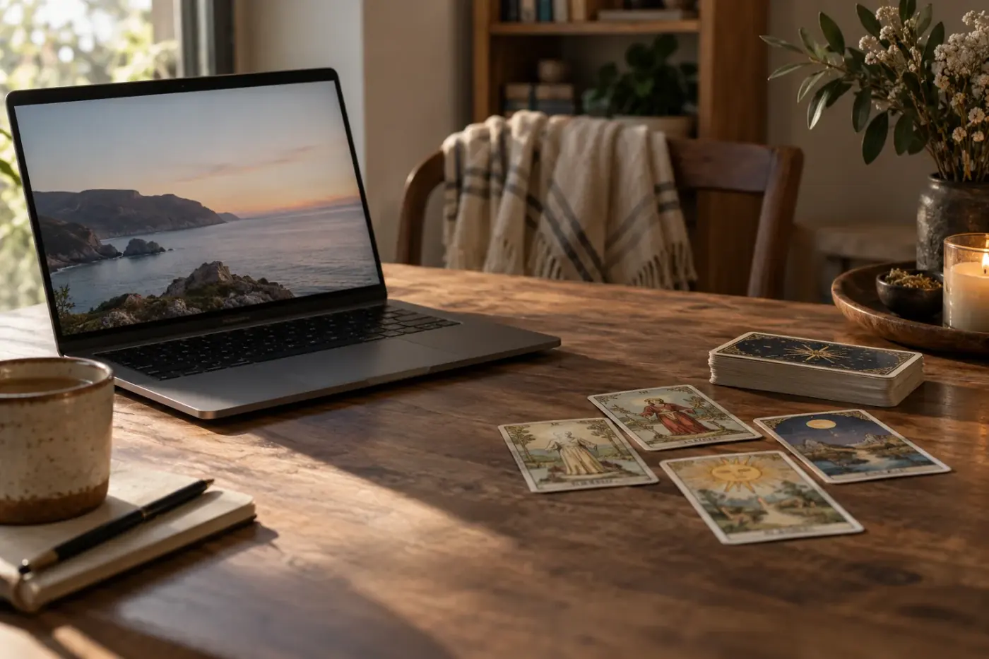 Teléfono con una interfaz genérica junto a cartas físicas y una libreta