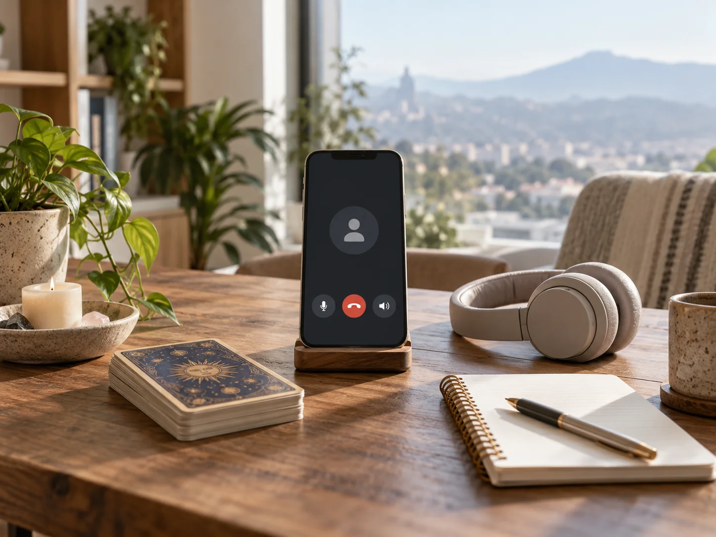 Teléfono con llamada de WhatsApp junto a cartas de tarot