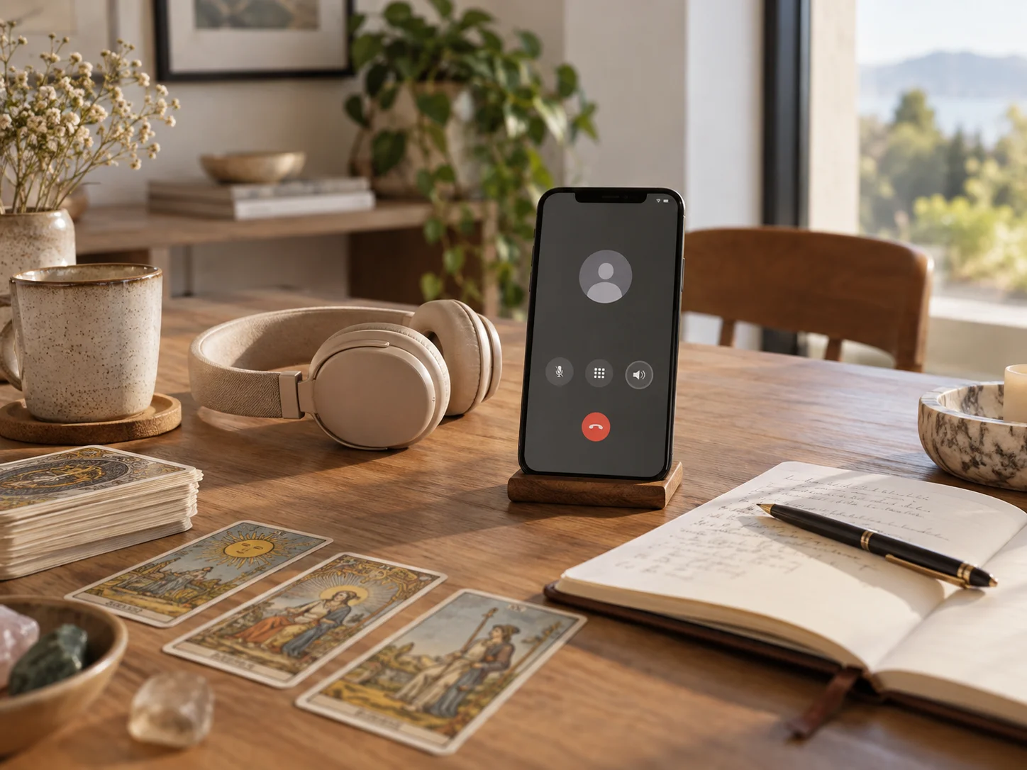 Smartphone con interfaz de llamada de voz junto a cartas de tarot