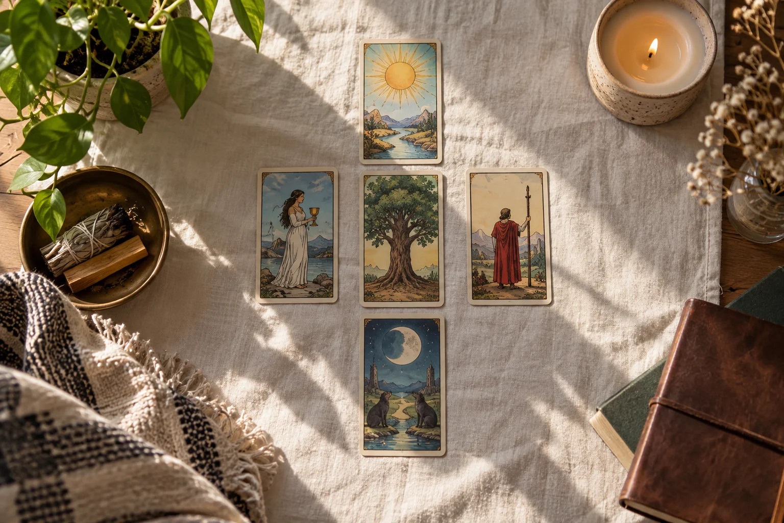 Cinco cartas formando una cruz sobre un paño claro con luz lateral