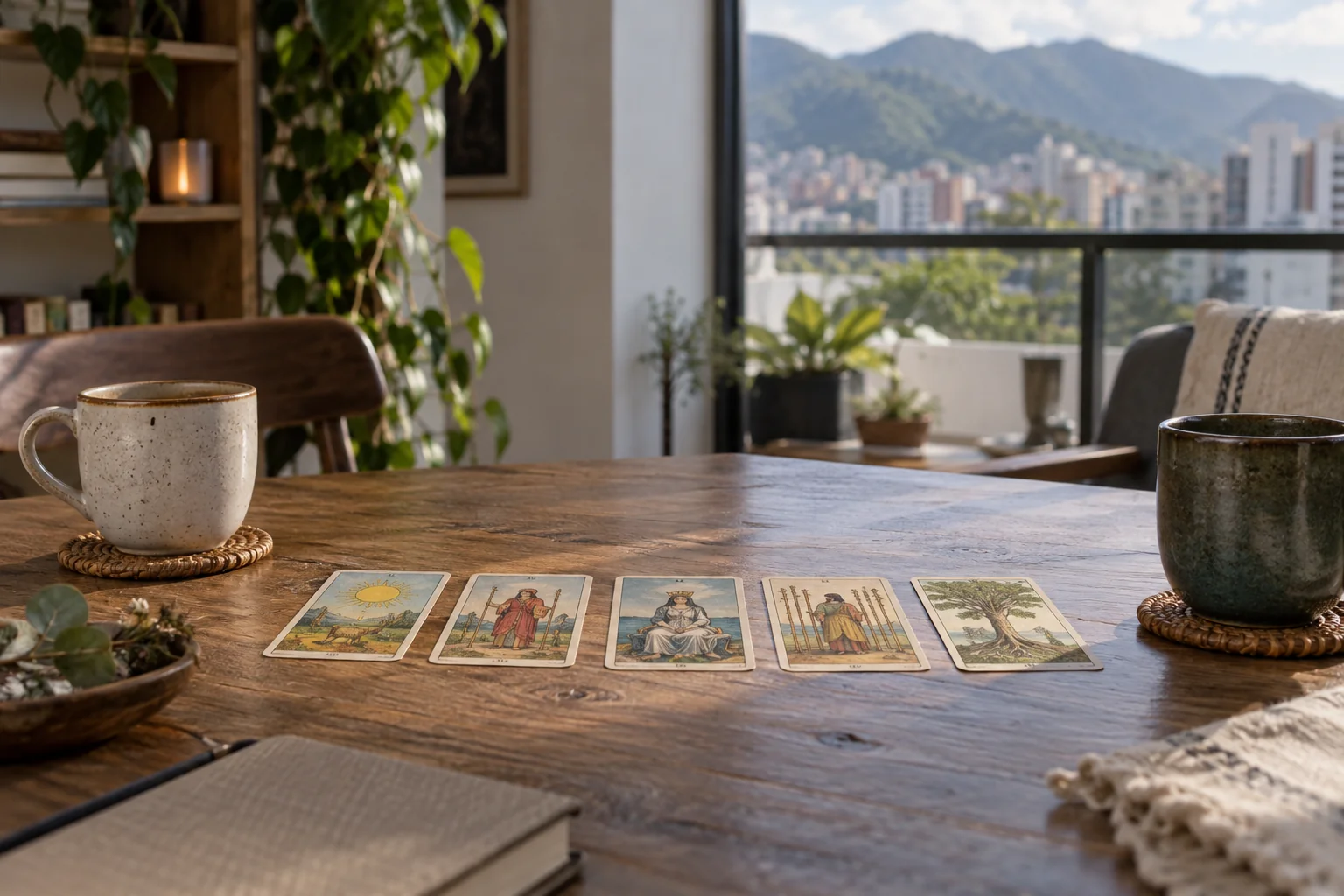 Dos tazas sobre una mesa con cinco cartas dispuestas entre ellas