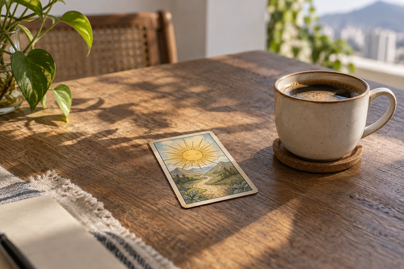 Una única carta boca arriba sobre una mesa despejada junto a una taza