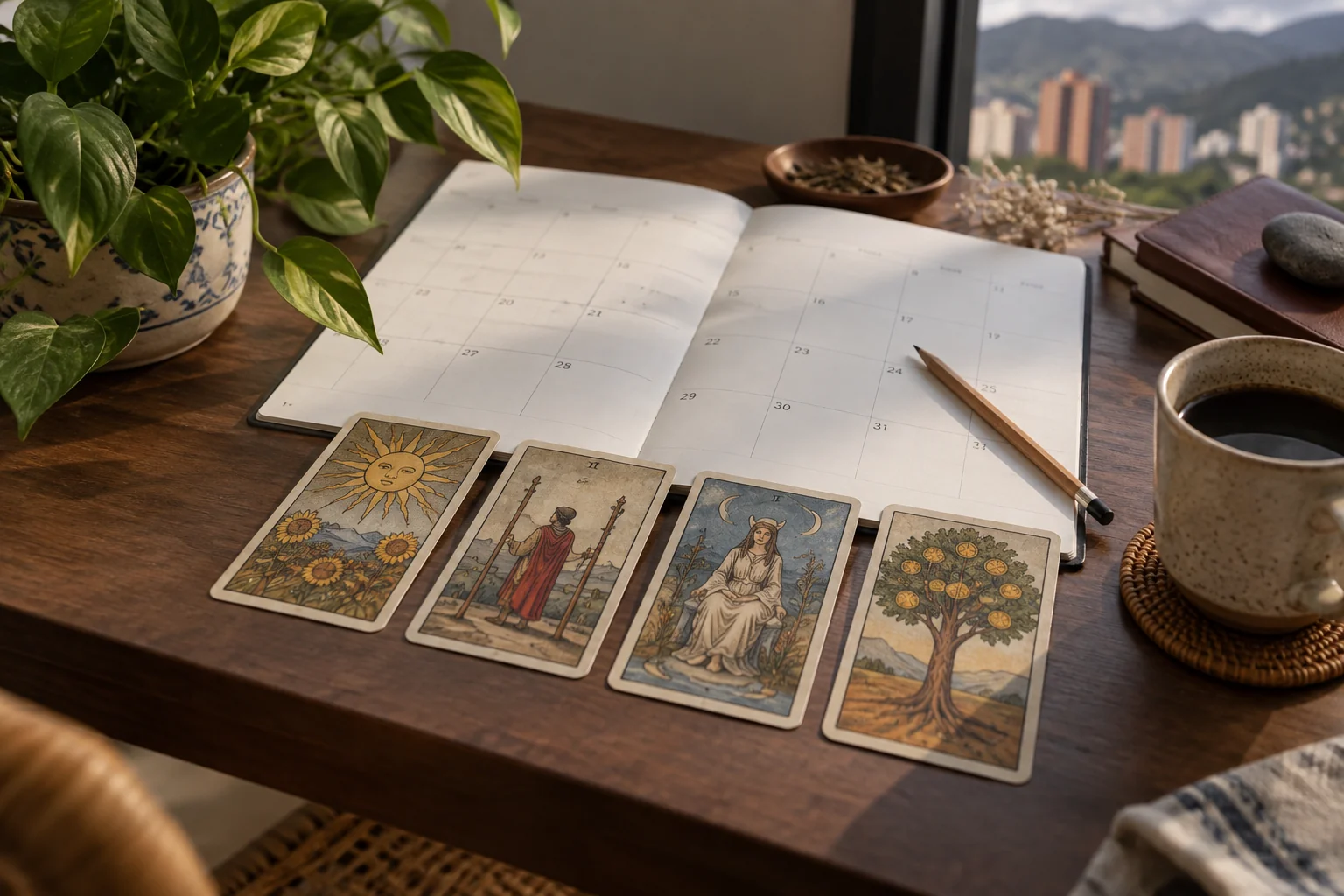 Calendario abierto sobre una mesa con cuatro cartas alineadas al margen