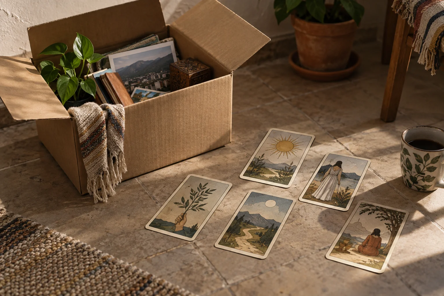 Caja abierta con objetos guardados y cinco cartas dispuestas alrededor